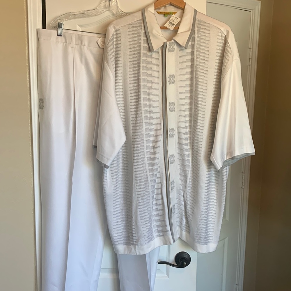 Silversilk men’s two piece walking suit white with gray accent 3XL 44  Waist